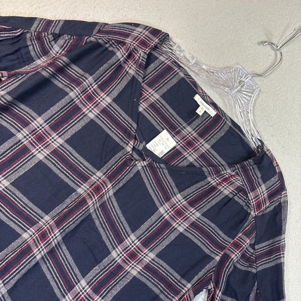 Misses Blouse Small Maurices Navy Red Gold Metallic Thread Plaid LS NWT